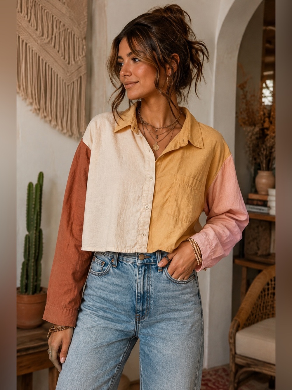 Very J Viscose-Linen Cropped Button-Up Shirt